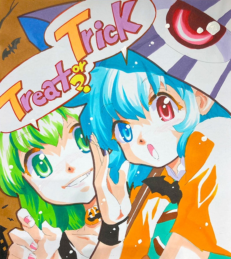 2girls, bat_(animal), bat_ornament, blue_eyes, blue_hair, collarbone, commentary_request, english_text