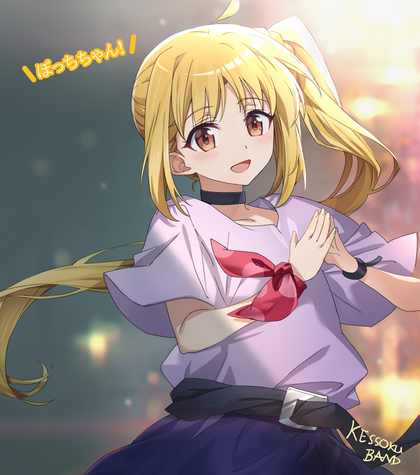 1girl, :d, ahoge, belt, belt_buckle, black_belt, black_choker, blonde_hair, blue_skirt, blurry, blurry_background, bocchi_the_rock!, bokeh, bow, buckle, choker, choppy_bangs, collarbone, depth_of_field, detached_ahoge, grey_background, hands_up, ijichi_nijika, light_blush, long_hair, looking_at_viewer, open_mouth, parted_bangs, polka_dot, polka_dot_bow, purple_shirt, red_bow, red_eyes, shirt, shirt_tucked_in, short_sleeves, side_ponytail, sidelocks, skirt, smile, solo, steepled_fingers, tsuezu, upper_body, very_long_hair, watch, watch