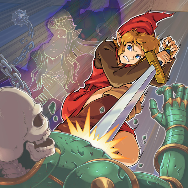 ball_and_chain_(weapon), blue_eyes, brown_shirt, clenched_teeth, duel, gomi, green_armor, holding