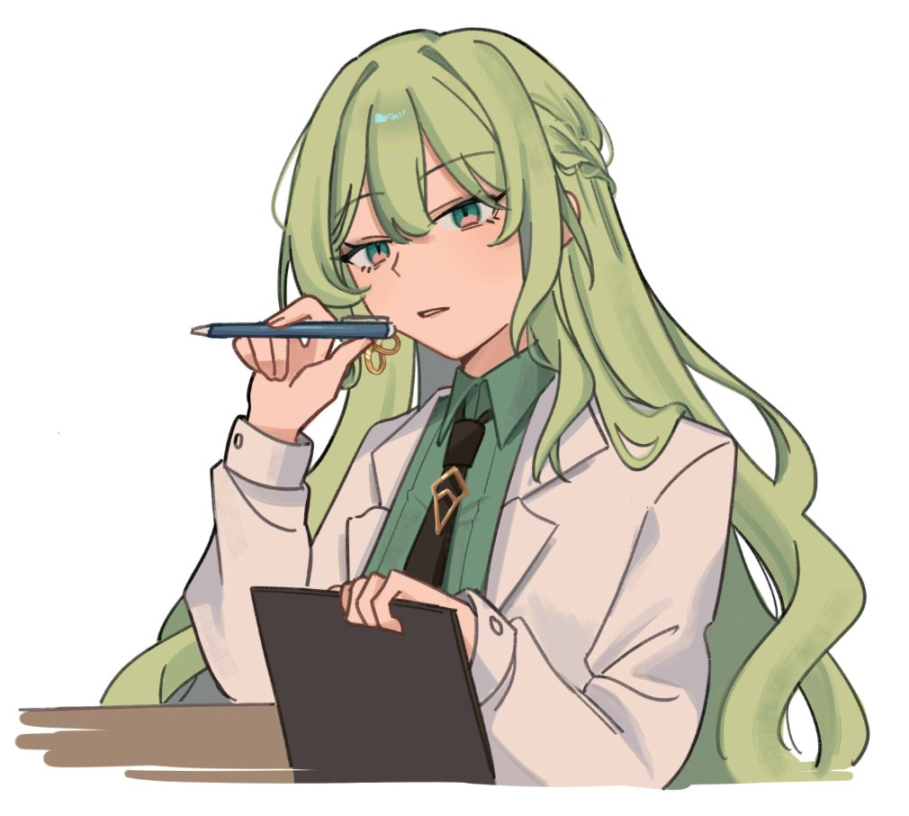 1girl, black_necktie, braid, collared_shirt, commentary, english_commentary, green_eyes, green_hair