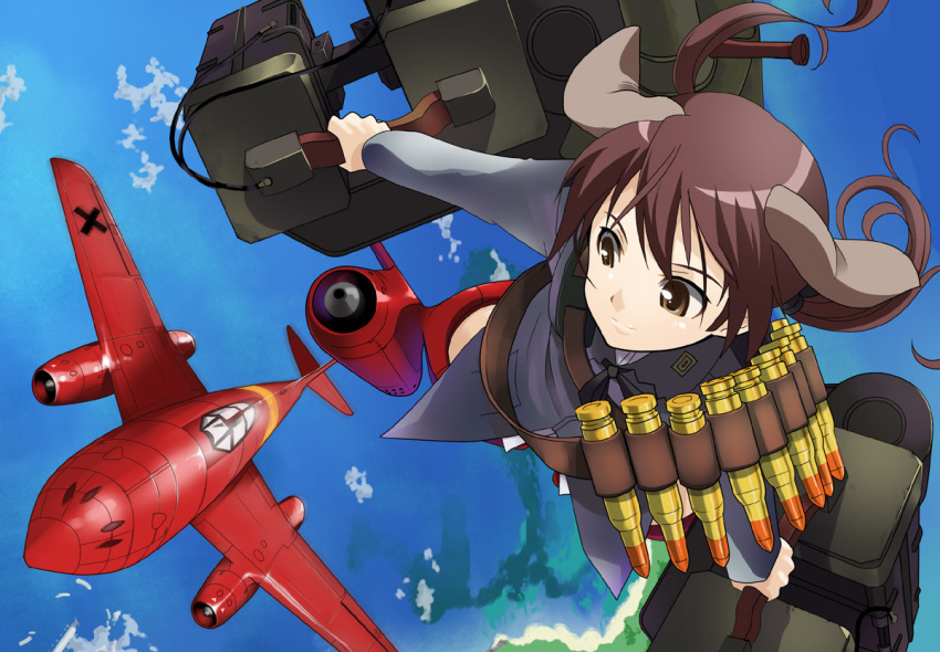 airplane, ammunition_belt, animal_ears, bandolier, brown_eyes, brown_hair, flying, gertrud_barkhorn