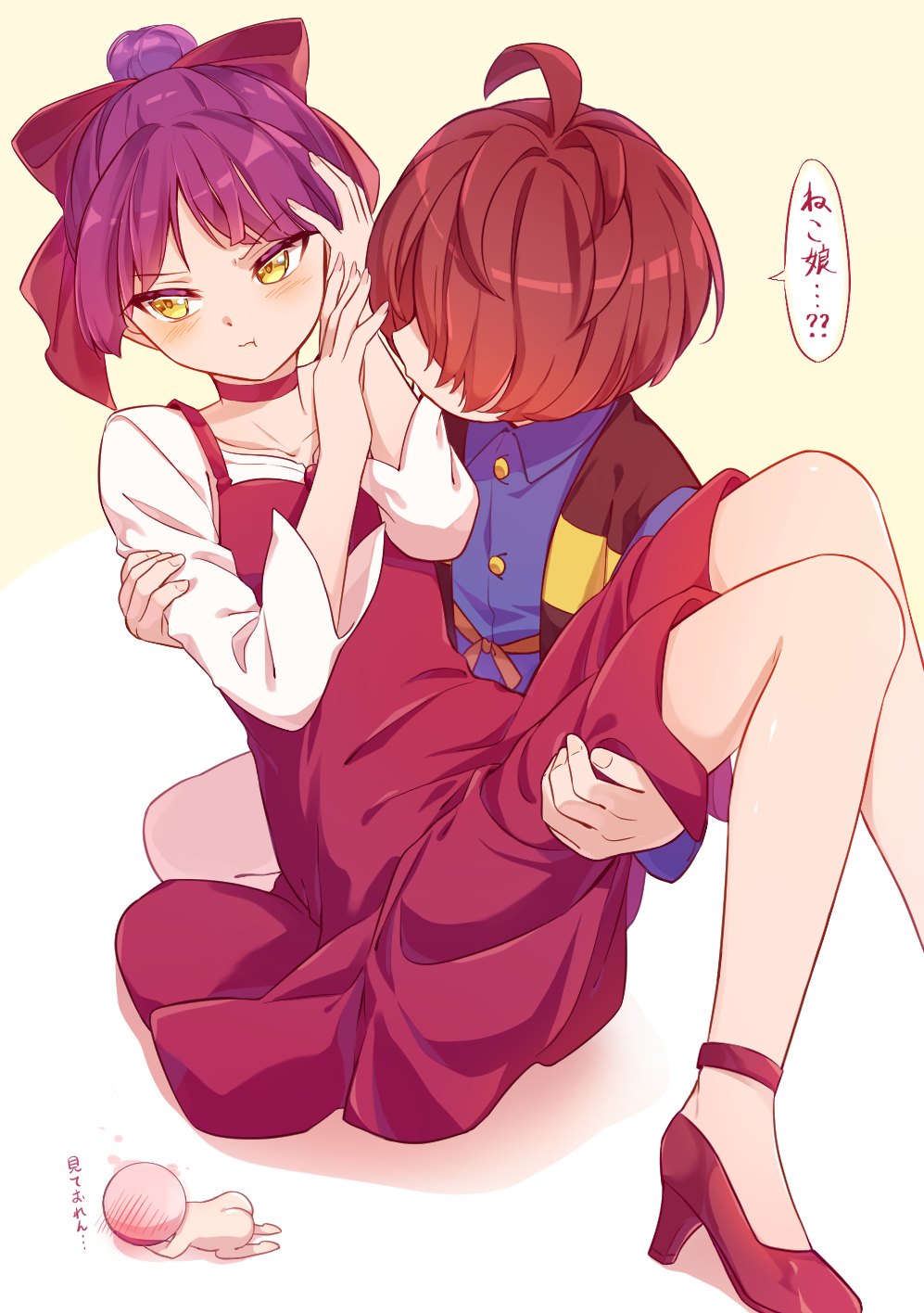 1girl, 2boys, blue_shirt, blush, bow, brown_hair, carrying, cat_girl
