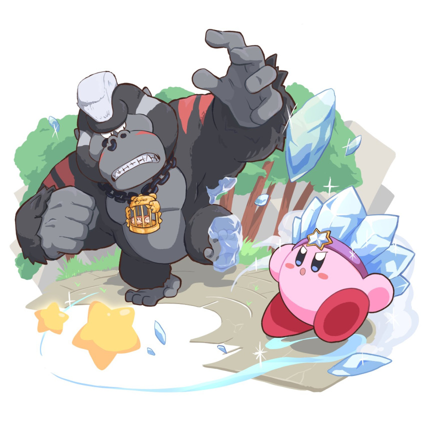 battle, black_fur, blush_stickers, cage, chain, clenched_hand, copy_ability, gorilla