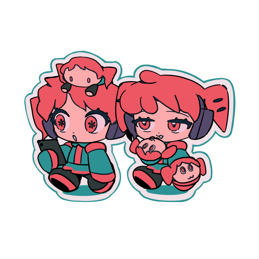 3girls, :3, ahoge, asterisk_(symbol), black_footwear, boots, cellphone, chibi