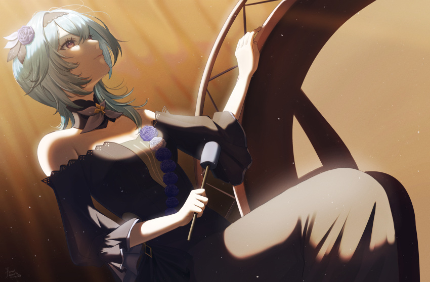 1girl, absurdres, artist_name, bare_shoulders, bass_drum, black_dress, black_hairband, blue_flower