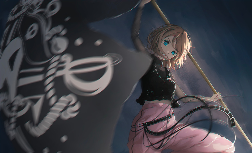 1girl, absurdres, aoiao, belt, black_shirt, blue_eyes, brown_hair, flag