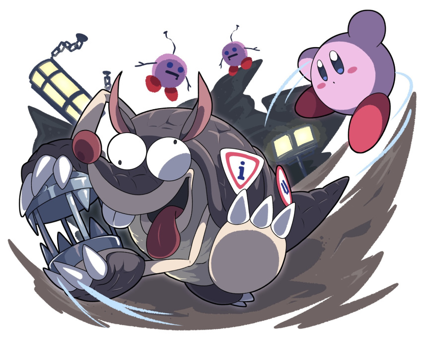 battle, blush_stickers, cage, claws, colored_skin, highres, holding, holding_cage, kirby, kirby_(series), kirby_and_the_forgotten_land, open_mouth, pink_skin, poyo_party, sillydillo, solid_oval_eyes, tail, tongue, tongue_out, wall-eyed