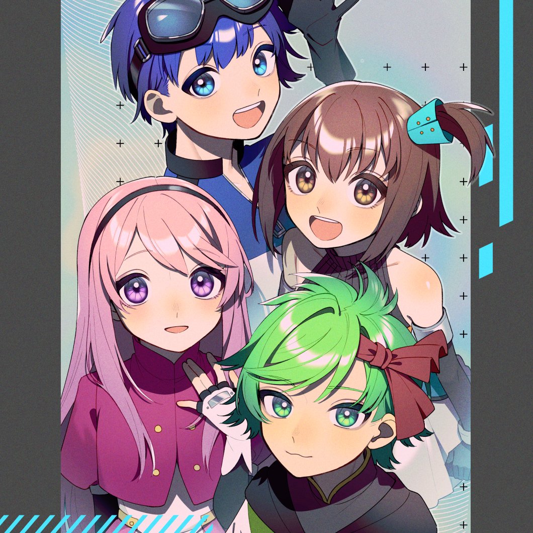 2boys, 2girls, aine_(hoshi_wo_miru_hito), blue_eyes, blue_hair, brown_hair, dress, elbow_gloves
