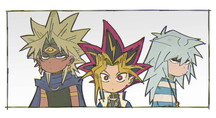 3boys, absurdres, black_hair, blonde_hair, brown_hair, buib_(mekako_chan), chibi, dark-skinned_male