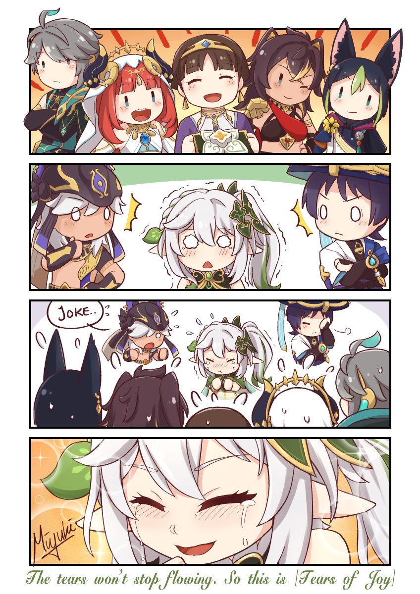 4boys, 4girls, alhaitham_(genshin_impact), animal_ear_fluff, animal_ears, birthday, black_hair, black_shirt