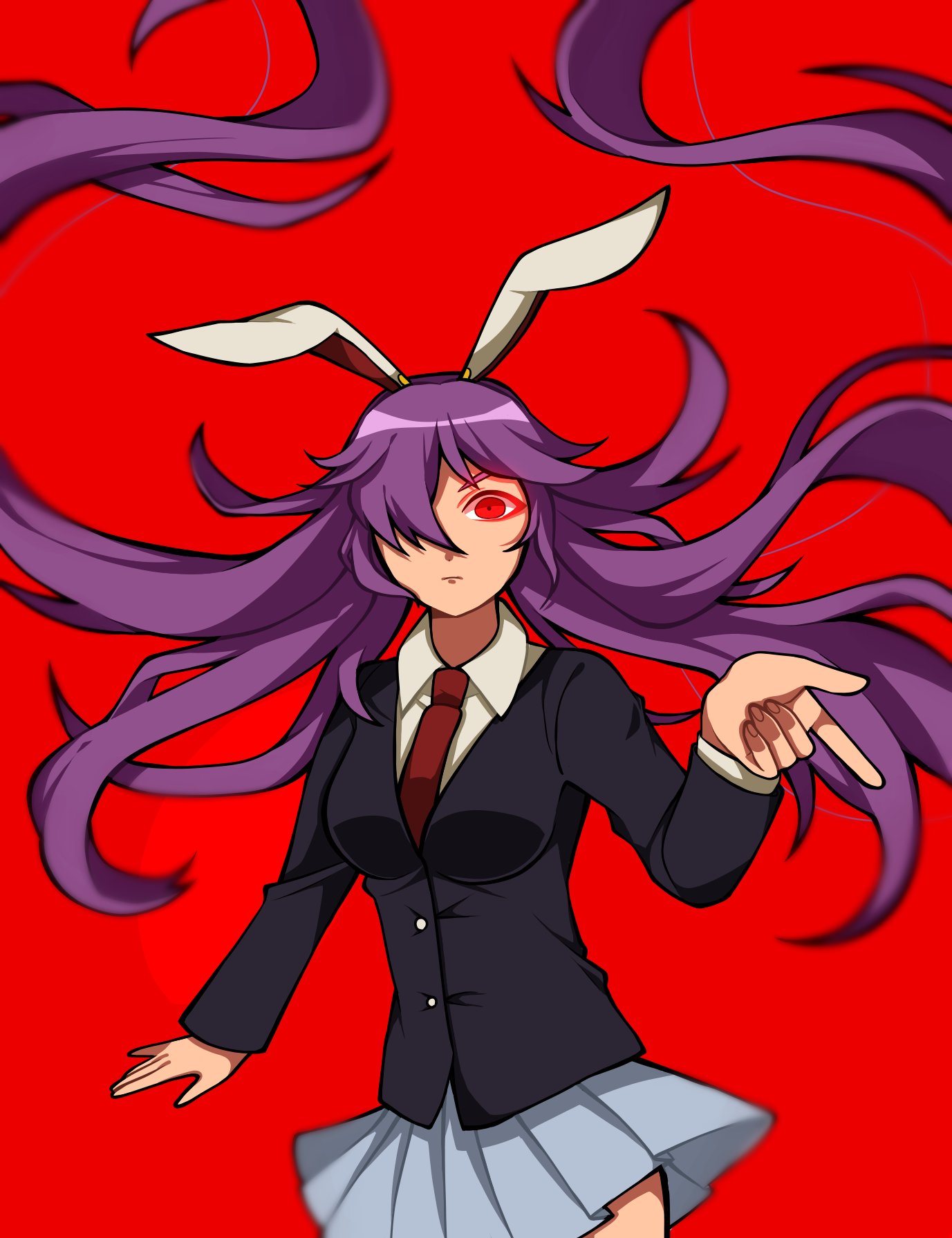 1girl, 1jumangoku, animal_ears, black_jacket, blazer, buttons, chin, closed_mouth, clothes_lift, collared_shirt, colored_eyelashes, commentary, finger_gun, fingernails, floating_hair, floppy_ears, frown, glowing, glowing_eyes, grey_skirt, hair_over_one_eye, hair_spread_out, highres, jacket, layered_sleeves, long_hair, long_sleeves, looking_at_viewer, miniskirt, necktie, outstretched_hand, pleated_skirt, purple_hair, rabbit_ears, red_background, red_eyes, red_necktie, reisen_udongein_inaba, shirt, skirt, skirt_lift, solo, symbol-only_commentary, touhou, v-shaped_eyebrows, very_long_hair, white_shirt