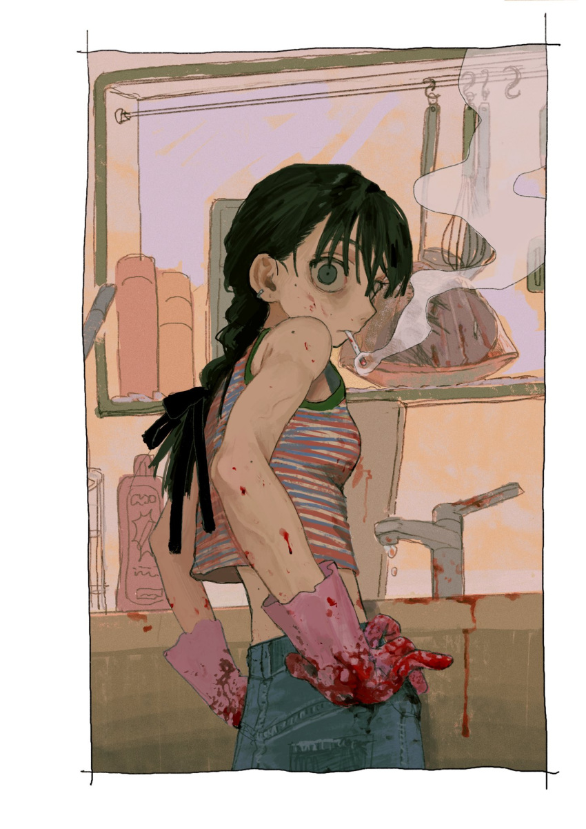 1girl, black_hair, black_ribbon, blood, blood_on_arm, blood_on_clothes, blood_on_face, blood_on_hands