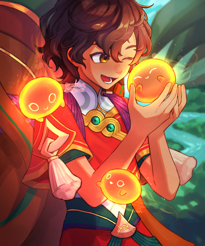 1boy, ;d, artist_name, blurry, blurry_background, brown_eyes, brown_hair, day, highres, league_of_legends, male_focus, milio_(league_of_legends), one_eye_closed, outdoors, rozica, short_hair, smile, standing, water