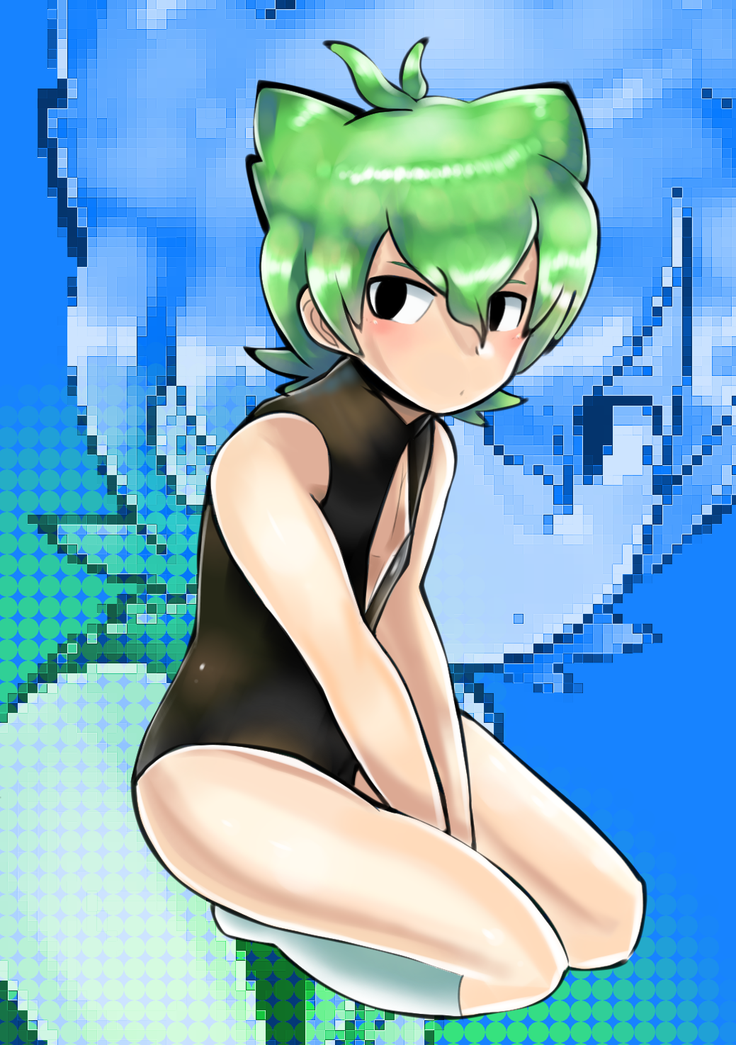 1boy, animal_ears, ashiya_lime, black_eyes, blush, cat_ears, green_hair, highres, looking_at_viewer, non-web_source, pantyhose, short_hair, sitting, socks, suit, tight_clothes, youkai_watch, youkai_watch_jam:_youkai_gakuen_y