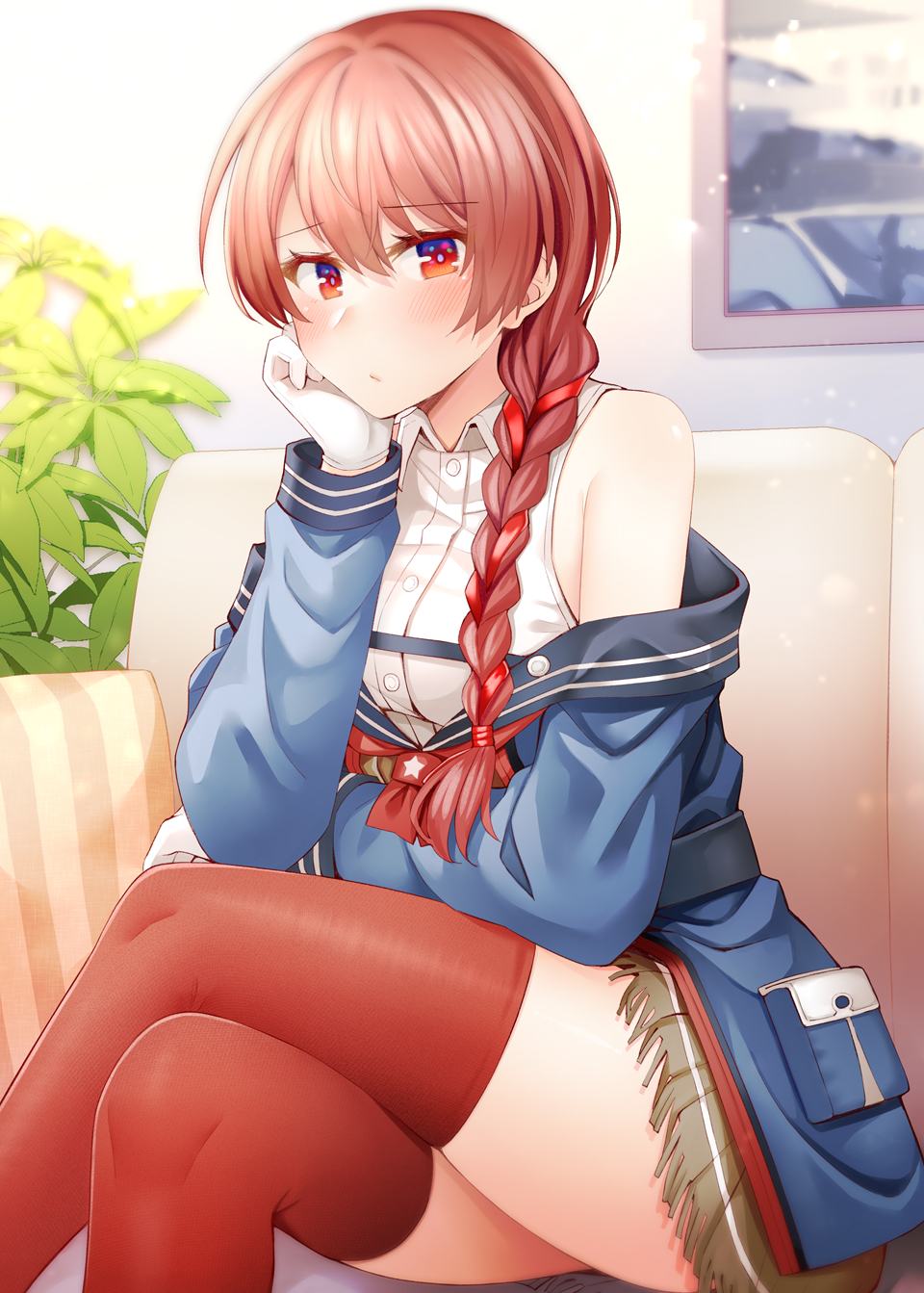 1girl, blue_jacket, breasts, closed_mouth, collared_shirt, couch, crossed_legs, elbow_on_knee