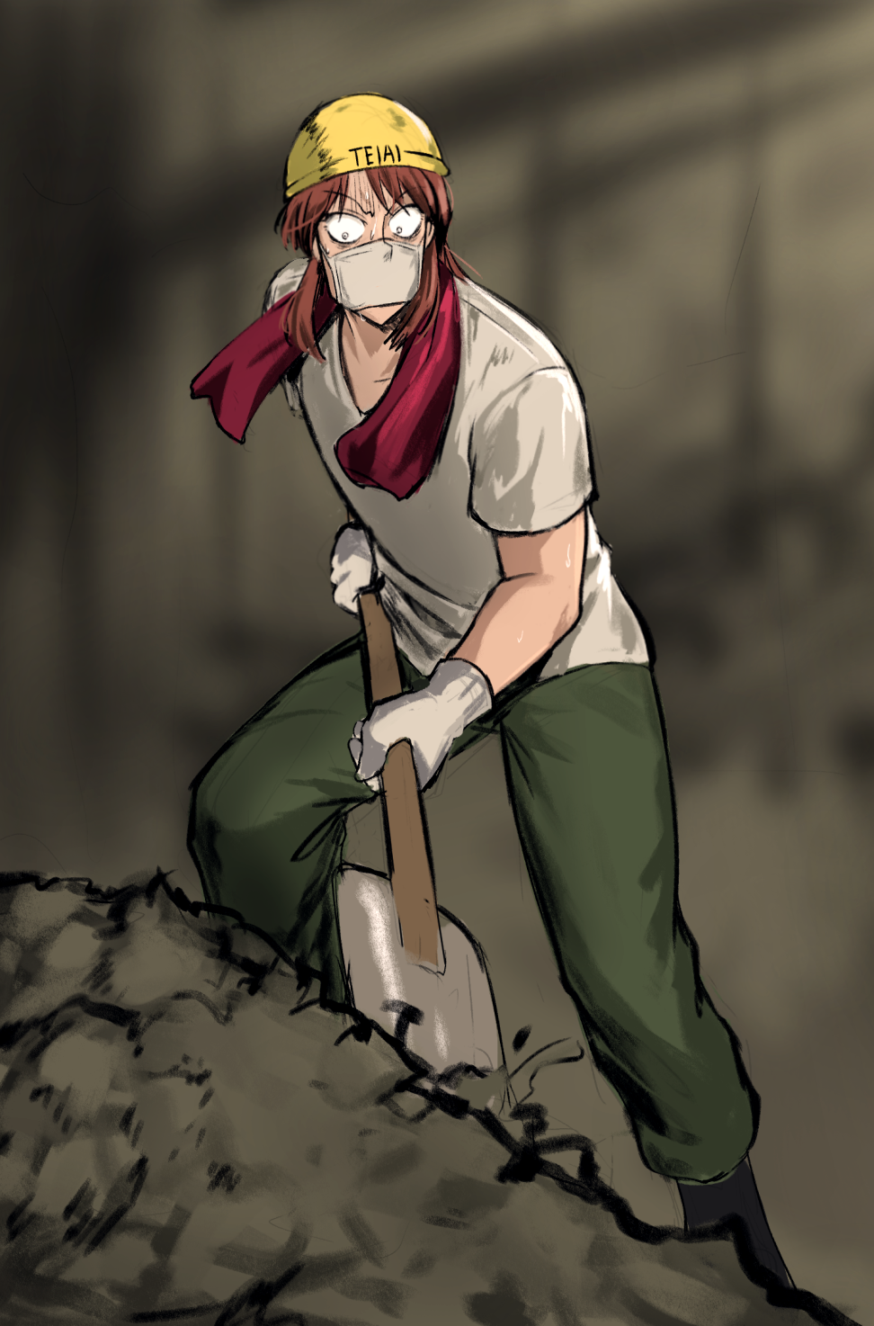 1boy, black_footwear, blurry, blurry_background, boots, brown_hair, commentary, constricted_pupils