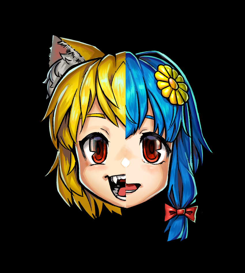2girls, absurdres, animal_ear_fluff, animal_ears, black_background, blonde_hair, blue_hair, bow, commentary_request, cookie_(touhou), flower, fox_ears, fox_girl, hair_bow, hair_flower, hair_ornament, head_only, highres, kaiben-san_tarou, looking_at_viewer, miramikaru_miran, miramikaru_riran, multiple_girls, open_mouth, red_bow, red_eyes, short_hair, siblings, sidelocks, simple_background, sisters, smile, teeth, yellow_flower