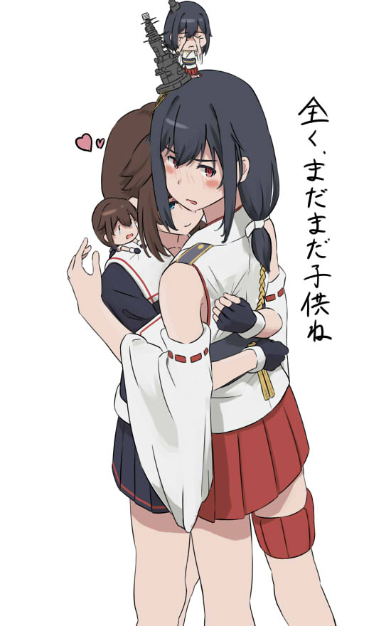 4girls, black_gloves, black_hair, black_shirt, black_skirt, chibi_on_shoulder, commentary_request, detached_sleeves