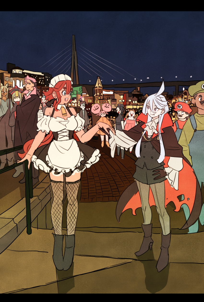 6+boys, 6+girls, afro_puffs, ahoge, aliya_mahvash, alternate_costume, bridge, chuatury_panlunch