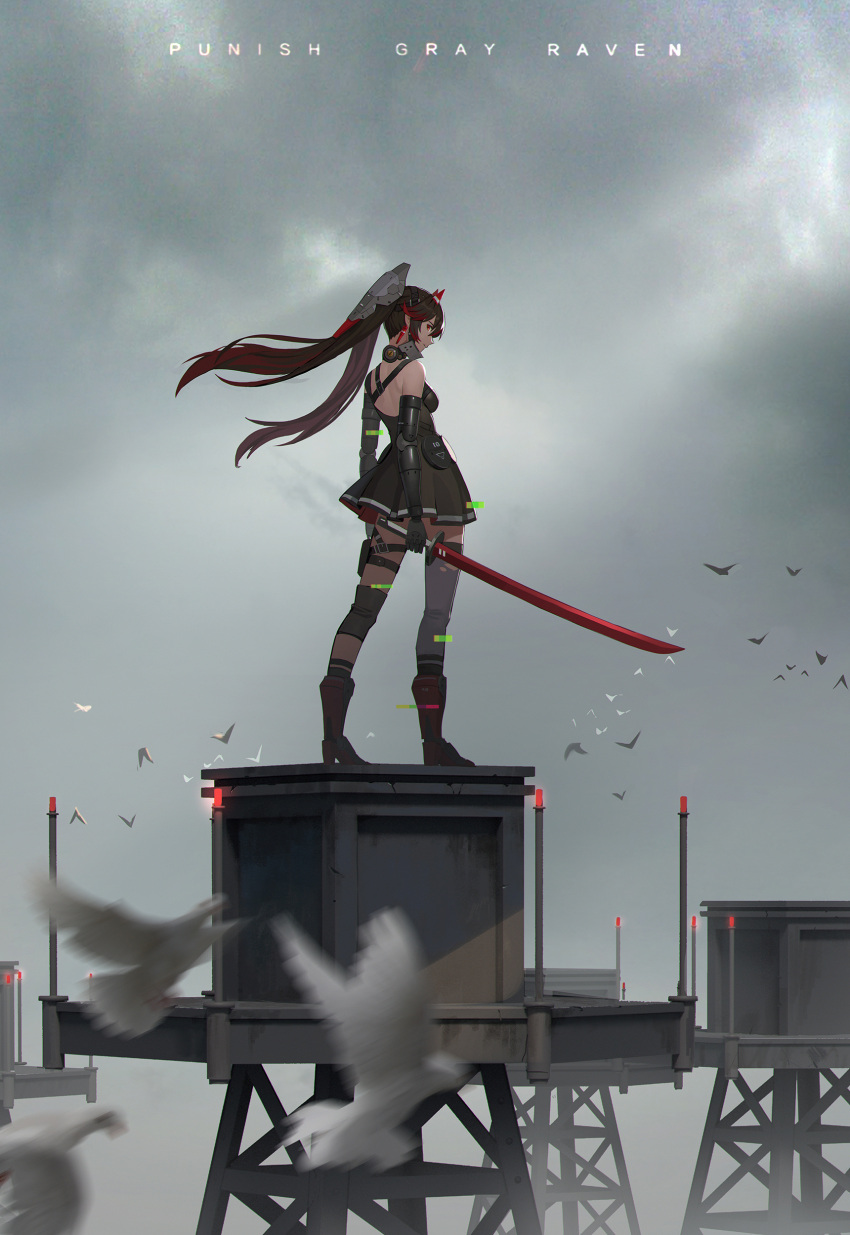 1girl, absurdres, asymmetrical_legwear, bare_shoulders, black_dress, black_hair, chin_guard, copyright_name