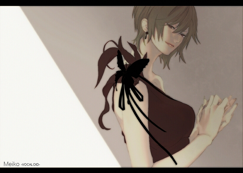 brown_hair, butterfly, dress, earrings, hands, jewelry, meiko, meri-h-shino