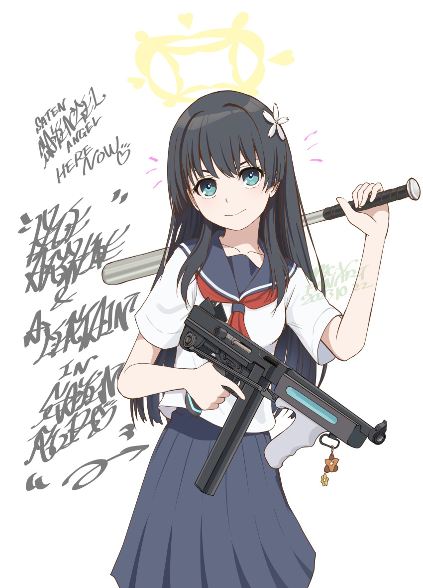 baseball_bat, black_hair, blue_archive, blue_sailor_collar, blue_skirt, cowboy_shot, flower, green_eyes