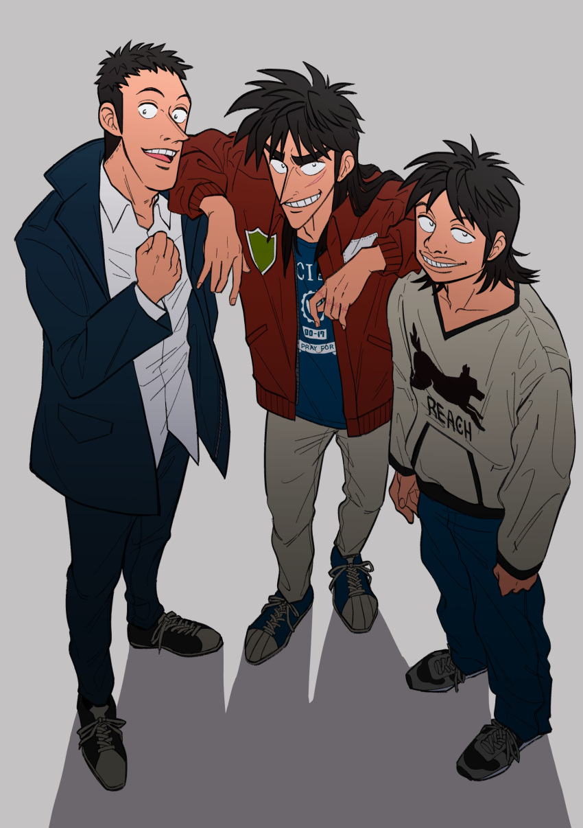 3boys, absurdres, arm_on_shoulder, black_eyes, black_footwear, black_hair, blue_footwear, blue_jacket, blue_pants, blue_shirt, brown_jacket, chang_bowen, commentary_request, fukumoto_nobuyuki_(style), full_body, grey_footwear, grey_shirt, grin, highres, itou_kaiji, jacket, kaiji, long_hair, long_sleeves, looking_at_viewer, male_focus, mario_garcia, medium_bangs, multiple_boys, official_style, open_clothes, open_jacket, open_mouth, pants, parody, pointy_nose, scar, scar_on_cheek, scar_on_face, shirt, shoes, short_bangs, short_hair, smile, sneakers, standing, style_parody, undershirt, usarinko, v-neck, very_short_hair