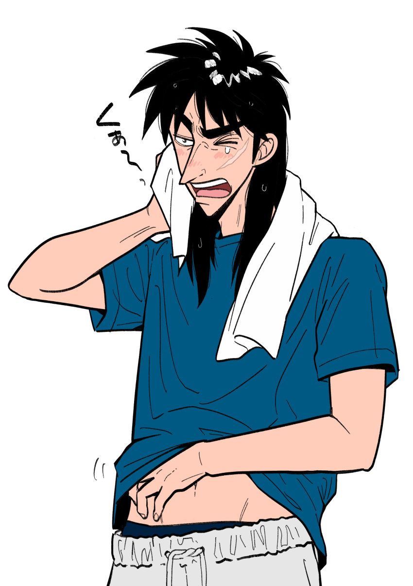 1boy, absurdres, black_eyes, black_hair, blue_shirt, clothes_lift, commentary_request, cowboy_shot