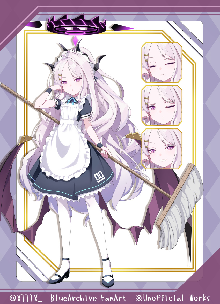 1girl, absurdres, alternate_costume, apron, black_dress, black_footwear, black_horns, blue_archive