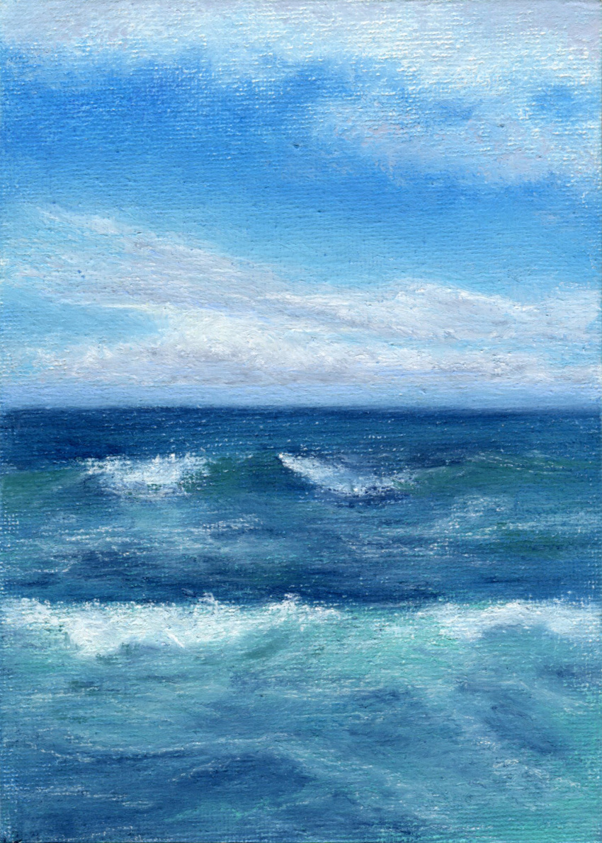 amima_amita, blue_sky, clouds, cloudy_sky, highres, horizon, marine_day, no_humans, ocean, original, painting_(medium), scenery, sky, traditional_media, water, watercolor_(medium), waves
