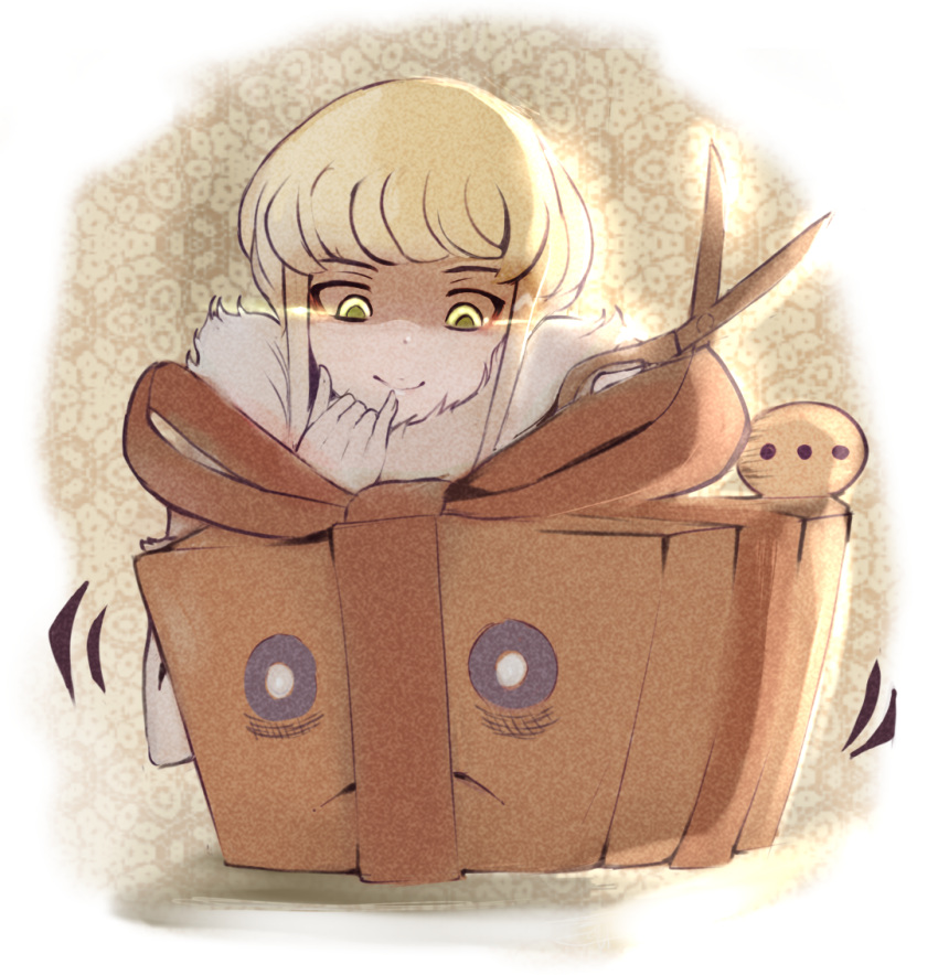 ..., 1girl, blonde_hair, bob_cut, box, chepet, closed_mouth, commentary, english_commentary, esper-fia_esupa, frown, fur_collar, gift, gift_box, myst_case, ragnarok_online, shaded_face, short_bangs, short_hair, sidelocks, smile, spoken_ellipsis, yellow_eyes
