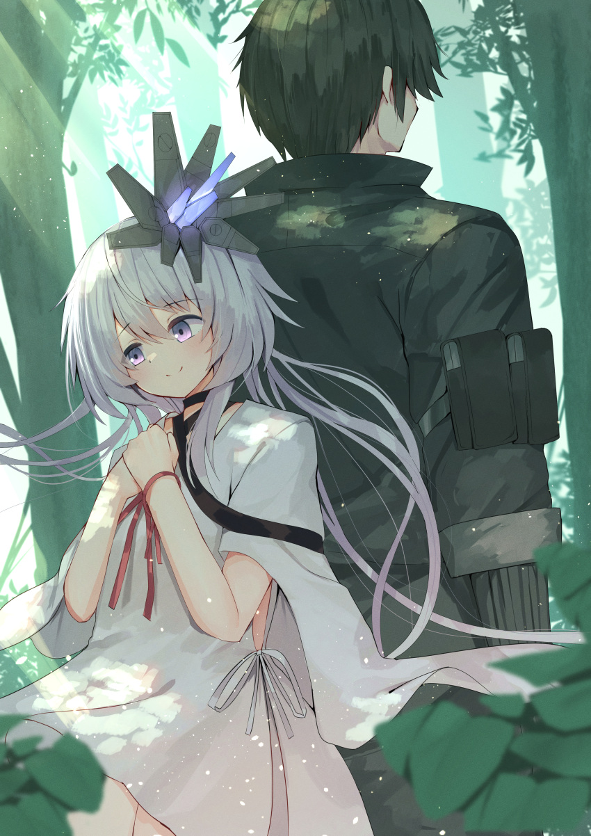 1boy, 1girl, absurdres, arm_ribbon, back-to-back, black_hair, black_jacket, blurry