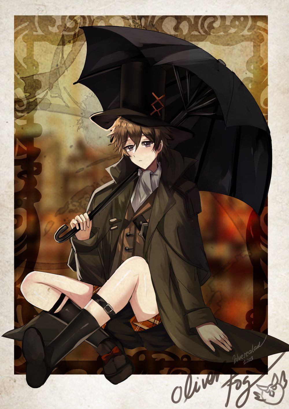 1boy, artist_name, bishounen, black_umbrella, blue_sealad, boots, brown_hair, character_name