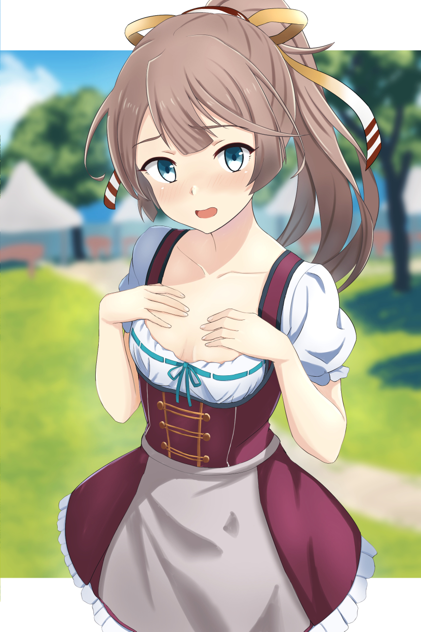 1girl, alternate_costume, apron, blue_sky, blurry, blurry_background, breasts, brown_dress