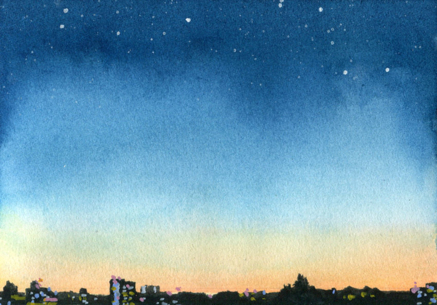 amima_amita, blue_sky, clouds, cloudy_sky, highres, horizon, no_humans, original, painting_(medium), scenery, sky, star_(sky), starry_sky, sunset, traditional_media, watercolor_(medium)