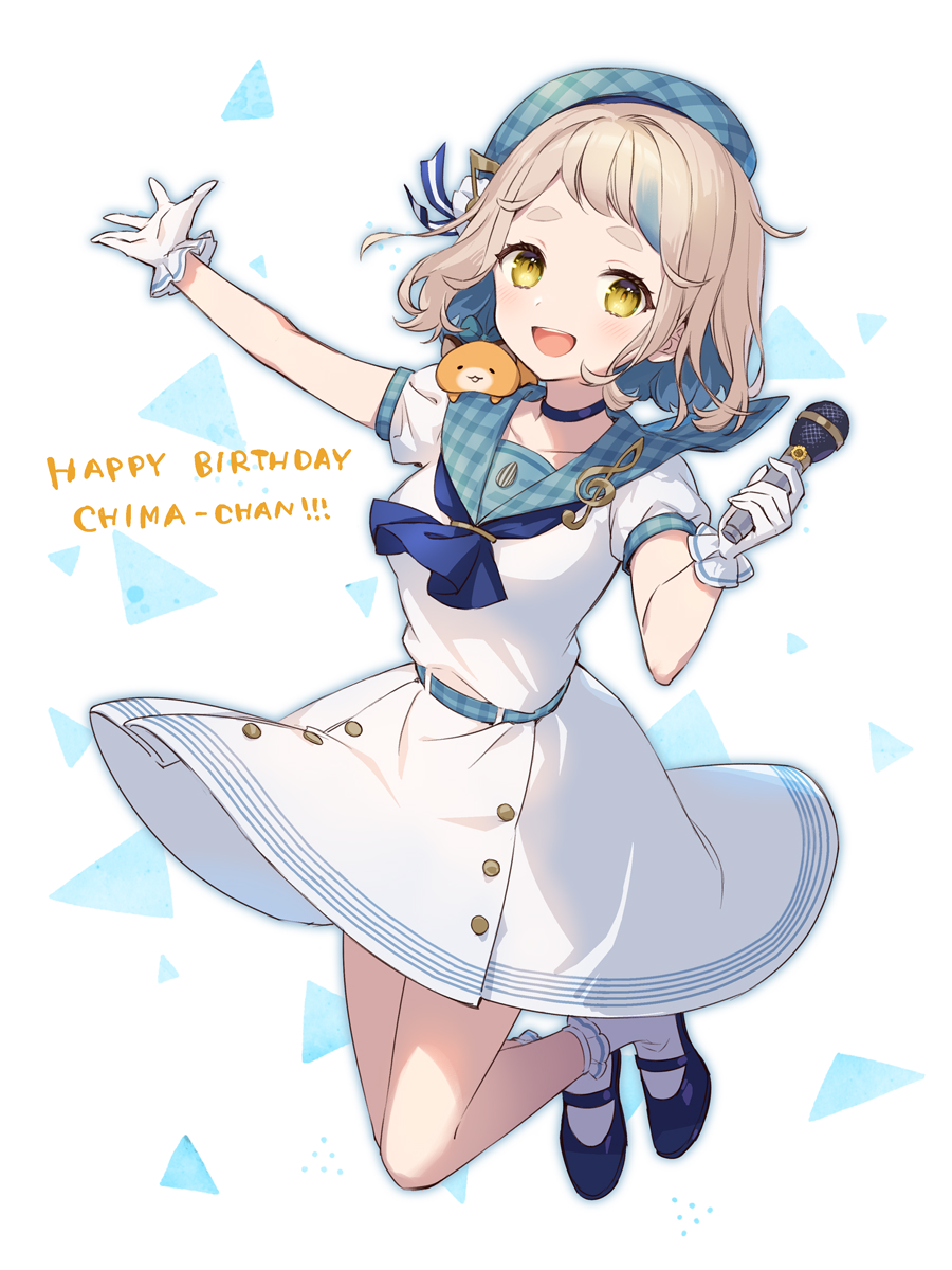 ame8desu, black_choker, blue_hair, blue_headwear, blue_sailor_collar, choker, colored_inner_hair, dress, gloves, gonzalez_(machita_chima), happy_birthday, highres, hikimayu, holding, holding_microphone, machita_chima, machita_chima_(4th_costume), mary_janes, microphone, multicolored_hair, nijisanji, sailor_collar, shoes, short_hair, socks, swept_bangs, virtual_youtuber, white_dress, white_gloves, white_socks, yellow_eyes