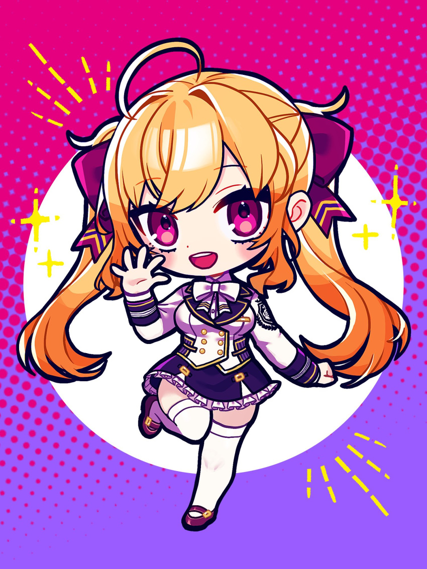 1girl, ahoge, black_skirt, blonde_hair, bow, breasts, buttons, double-breasted