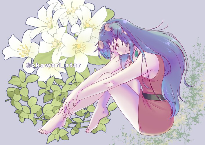 1girl, barefoot, belt, blue_hair, dress, flower, from_side, full_body