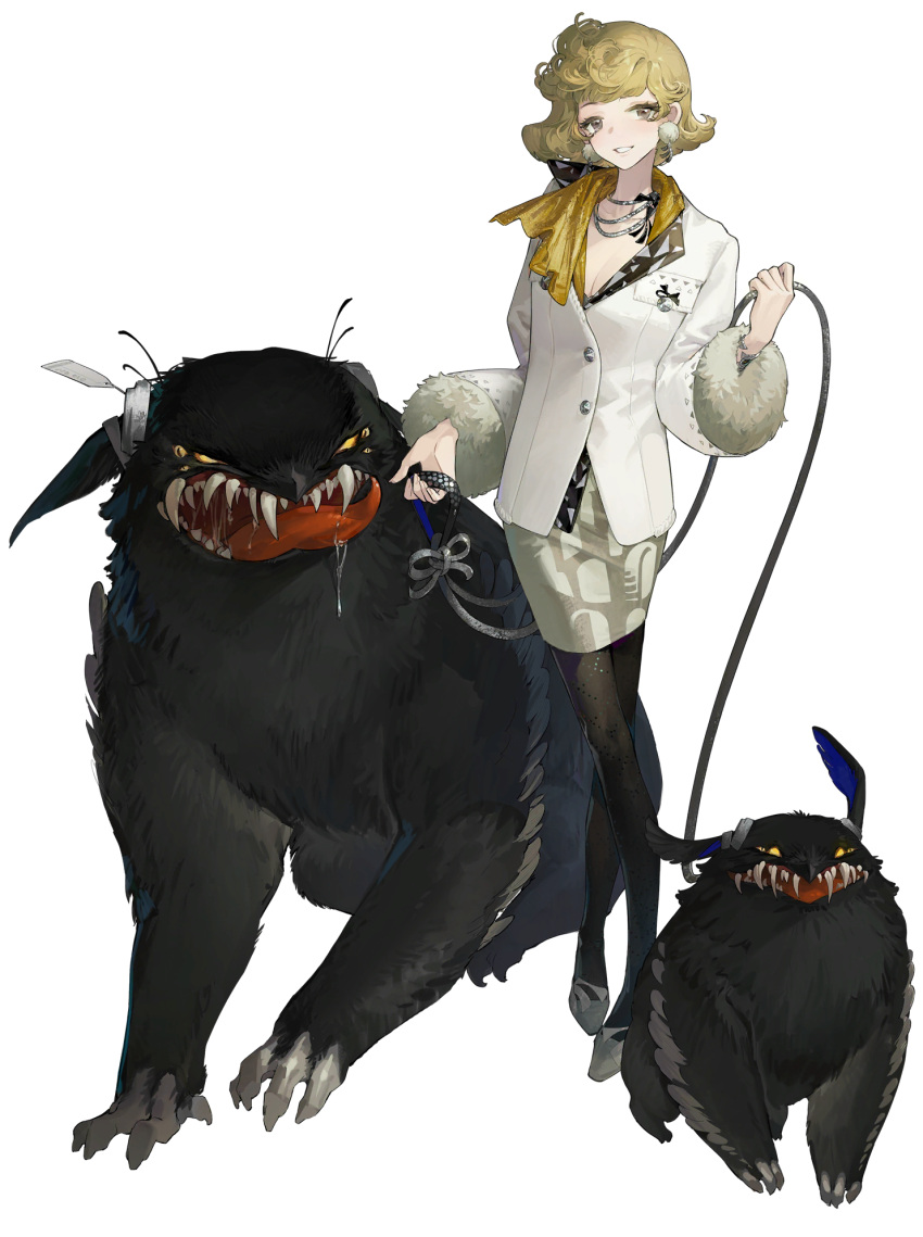 1girl, black_pantyhose, blonde_hair, earrings, fangs, full_body, fur-trimmed_sleeves, fur_trim