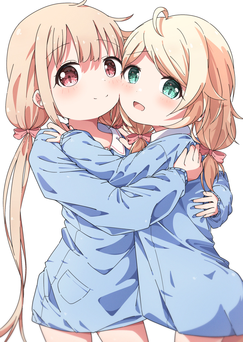 2girls, absurdres, blonde_hair, blue_dress, blush, bow, cheek-to-cheek, dress