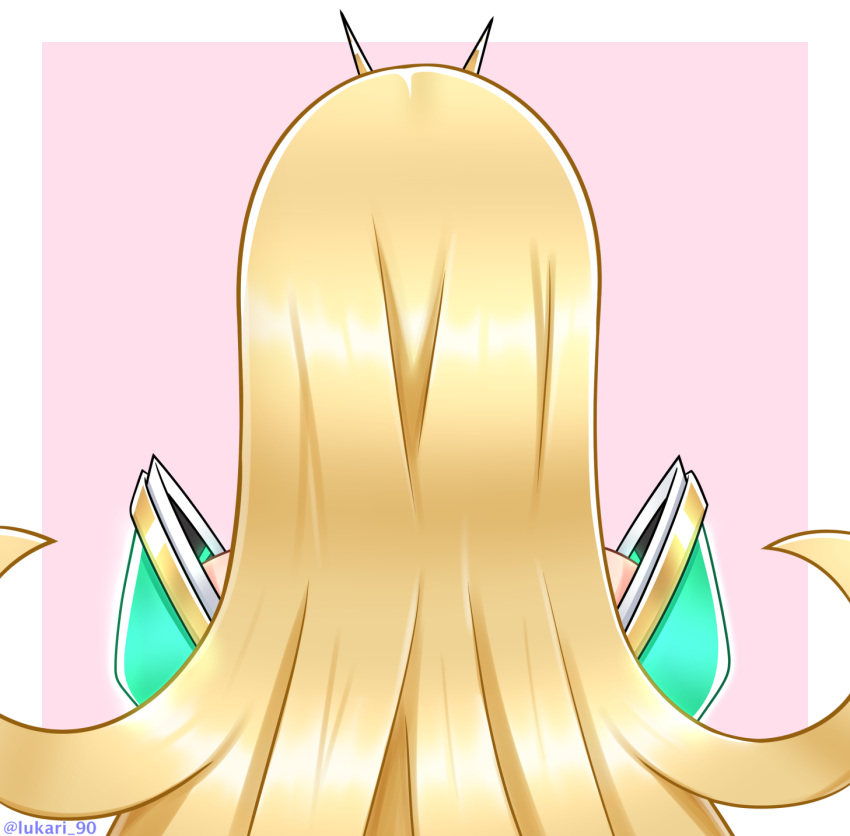 1girl, arm_guards, artist_name, back, bare_shoulders, blonde_hair, border, flipped_hair, highres, long_hair, lukari, mythra_(xenoblade), pink_background, solo, tiara, upper_body, very_long_hair, white_border, xenoblade_chronicles_(series), xenoblade_chronicles_2
