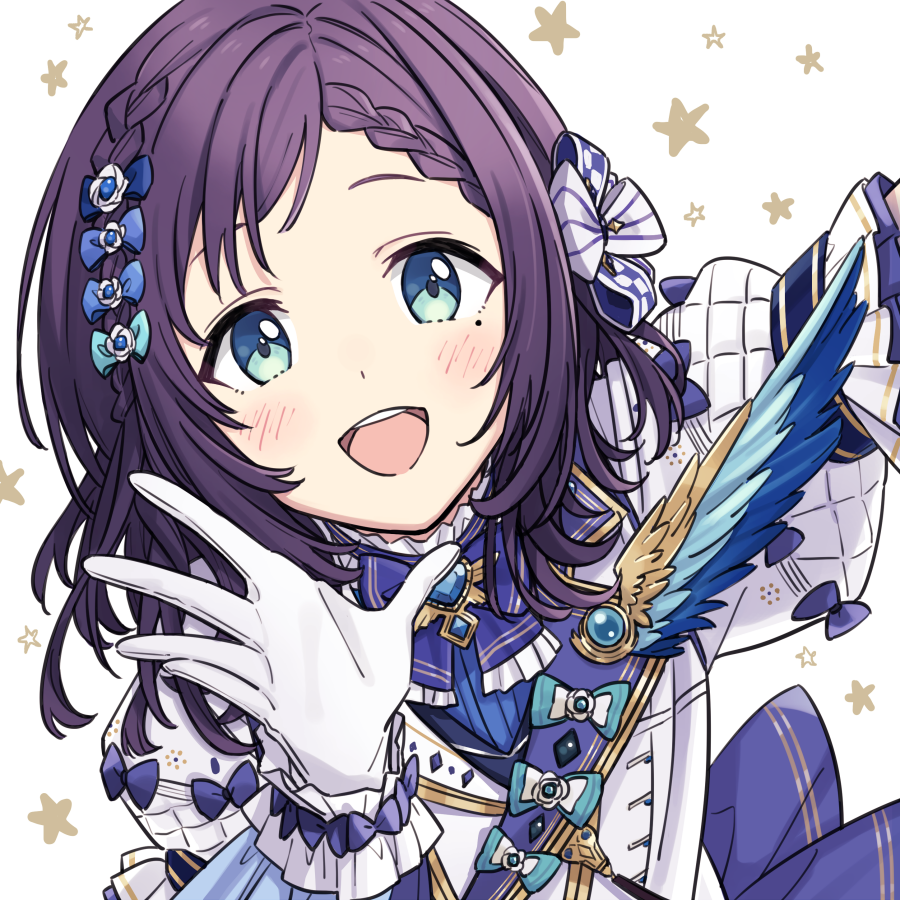 1girl, aiba_uiha, aiba_uiha_(1st_costume), blue_eyes, blue_gemstone, blush, bow, braid, braided_bangs, demirinz, gem, gloves, hair_bow, idol_clothes, medium_hair, mole, mole_under_eye, nijisanji, purple_hair, solo, virtual_youtuber, white_gloves
