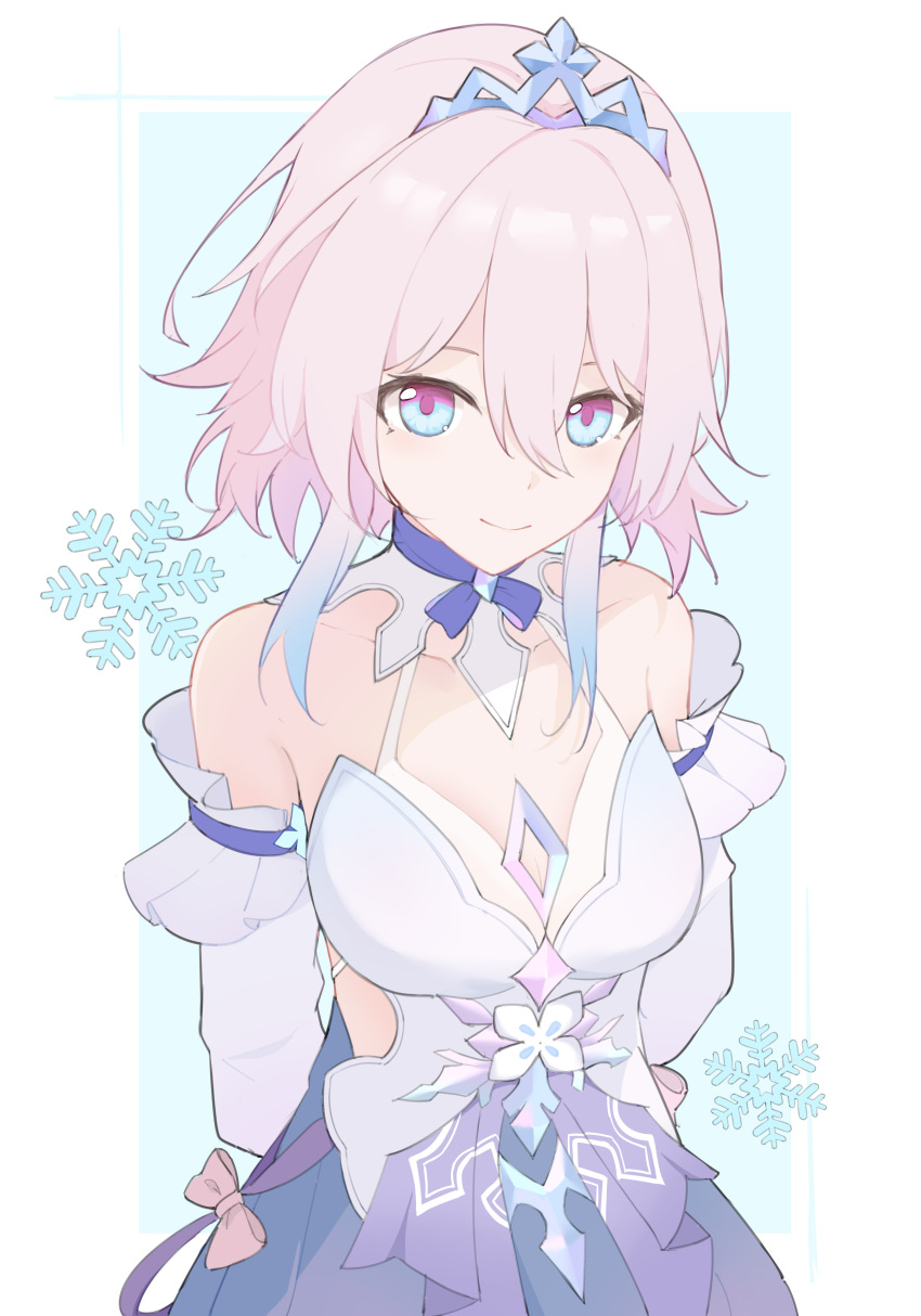 1girl, absurdres, armpit_crease, arms_behind_back, blue_dress, blue_eyes, blue_hair, border, bow, chinese_commentary, closed_mouth, collarbone, colored_tips, commentary_request, detached_sleeves, dress, from_above, highres, honkai:_star_rail, honkai_(series), layered_dress, light_blue_background, liliya_qiaokuoai, long_sleeves, looking_at_viewer, march_7th_(honkai:_star_rail), medium_hair, multicolored_clothes, multicolored_dress, multicolored_hair, official_alternate_costume, outside_border, partial_commentary, pink_bow, pink_eyes, pink_hair, purple_dress, simple_background, smile, snowflakes, solo, tiara, two-tone_eyes, upper_body, white_background, white_border, white_dress, white_sleeves