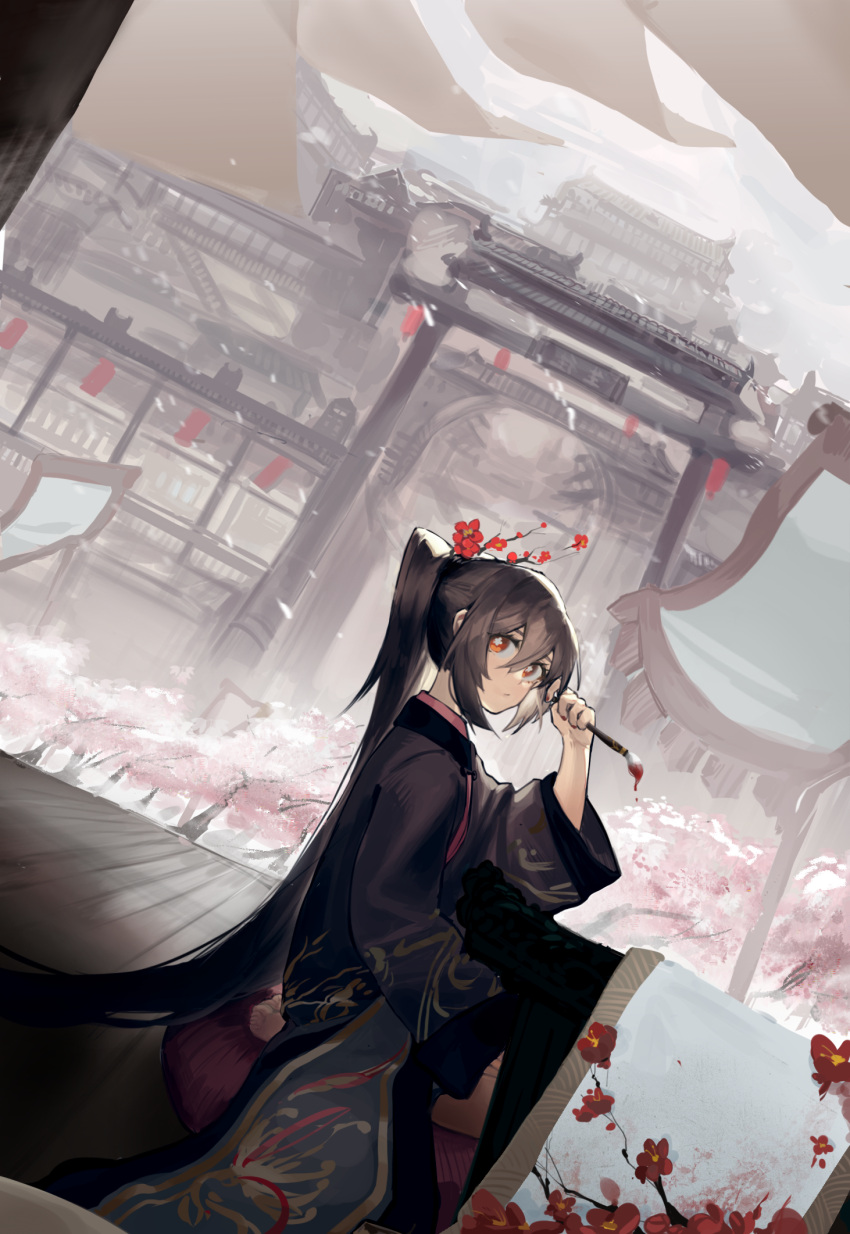 1girl, akarinchan, alternate_costume, alternate_hairstyle, architecture, branch, brown_coat, brown_hair, calligraphy_brush, chinese_clothes, coat, east_asian_architecture, flower, genshin_impact, hair_flower, hair_ornament, hand_up, hanfu, high_ponytail, highres, hu_tao_(genshin_impact), long_hair, looking_at_viewer, paintbrush, plum_blossoms, red_eyes, red_flower, snow, solo, very_long_hair, wooden_floor