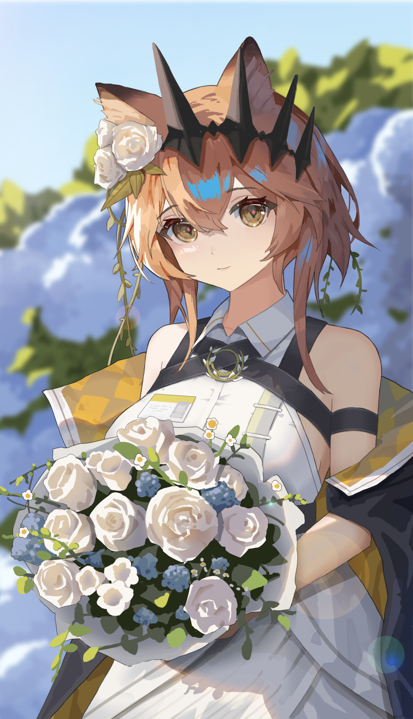 1girl, absurdres, animal_ears, arknights, bare_shoulders, black_jacket, blurry, blurry_background, bouquet, brown_hair, cat_ears, cat_girl, collared_dress, crown, dress, flower, hair_between_eyes, highres, holding, holding_bouquet, holding_flower, jacket, looking_at_viewer, off_shoulder, open_clothes, open_jacket, short_hair, sleeveless, sleeveless_dress, smile, solo, vendela_(arknights), white_dress, white_flower, xiandai_quanru, yellow_eyes