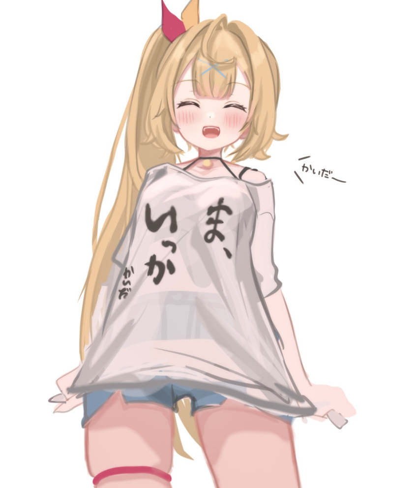ahoge, blonde_hair, blue_shorts, blush, hair_ornament, heterochromia, highres, hoshikawa_sara, hoshikawa_sara_(1st_costume), long_hair, meme_(mm_ta_mm), nijisanji, open_mouth, shirt, shorts, t-shirt, thigh_strap, very_long_hair, virtual_youtuber, x_hair_ornament