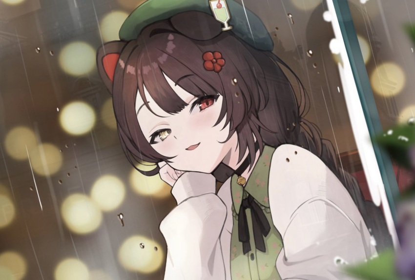 1girl, animal_ears, beret, black_choker, braid, brown_hair, choker, commentary, dog_ears, green_headwear, hand_on_own_cheek, hand_on_own_face, haruwo, hat, heterochromia, inui_toko, inui_toko_(3rd_costume), jacket, long_hair, nijisanji, red_eyes, single_braid, solo, swept_bangs, virtual_youtuber, white_jacket, yellow_eyes