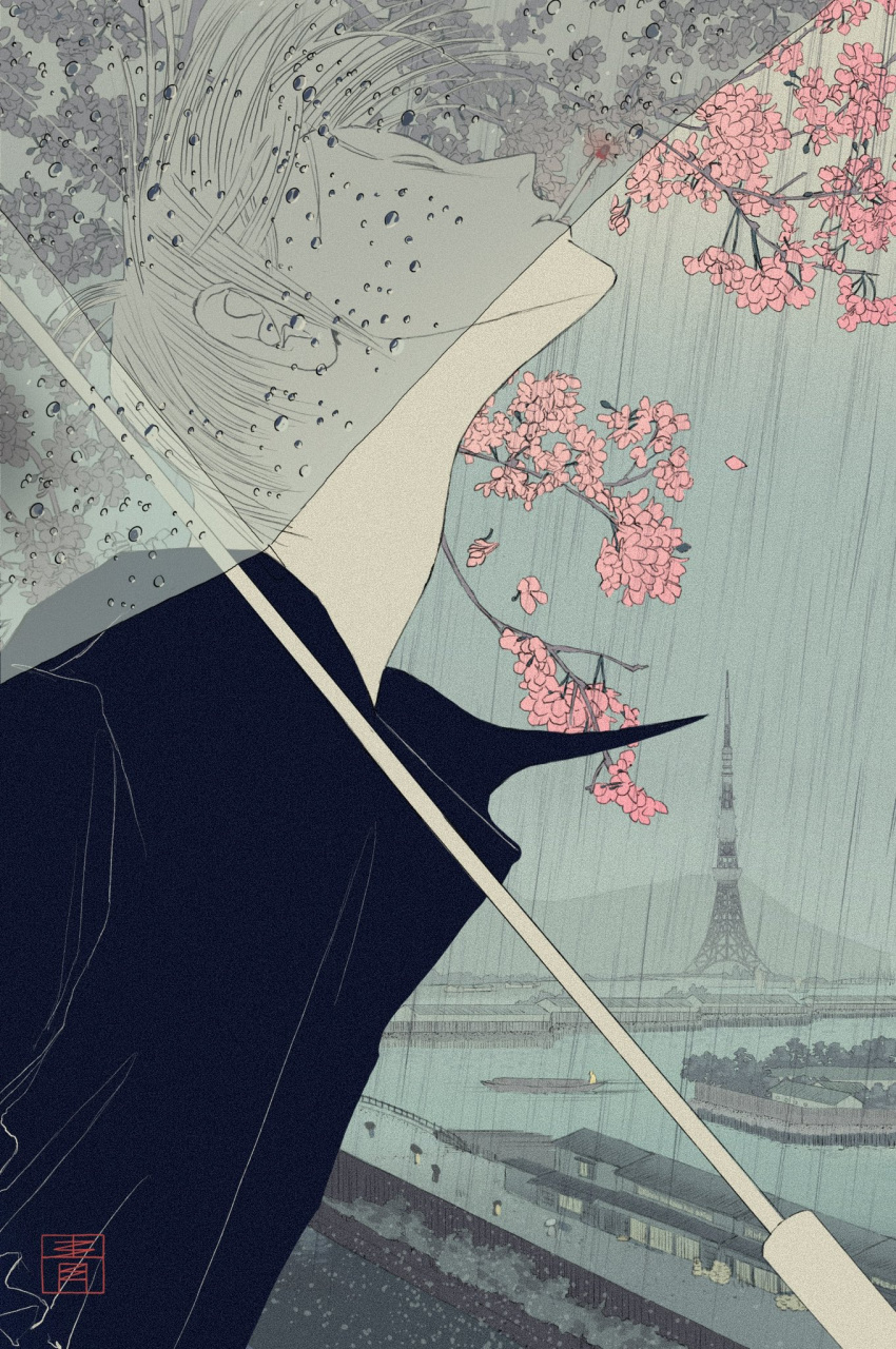 1boy, adam's_apple, akagi:_yami_ni_oritatta_tensai, akagi_shigeru, architecture, black_shirt, cherry_blossoms, cigarette