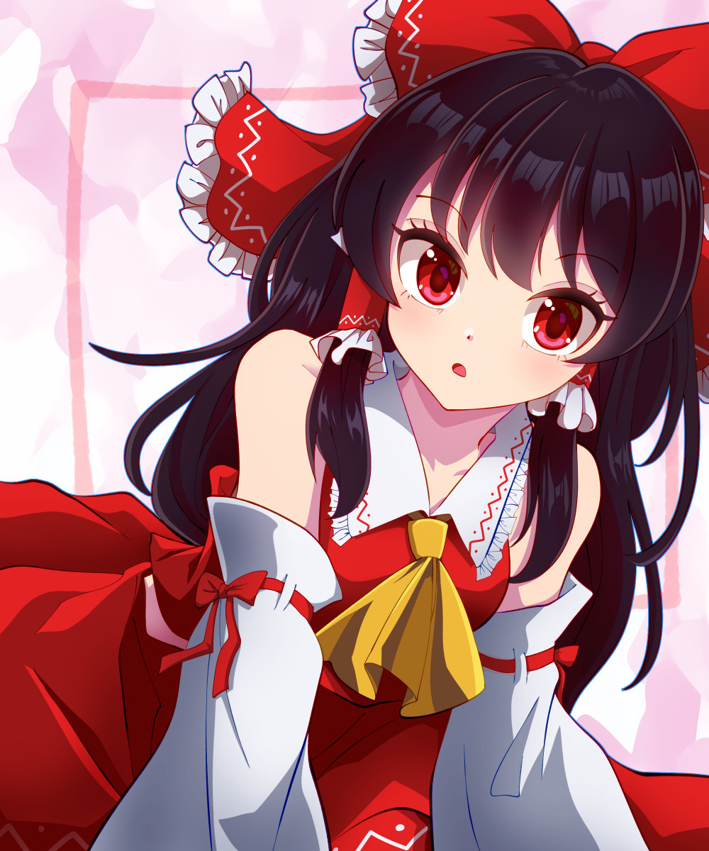 1girl, :o, ascot, bow, brown_hair, collared_shirt, detached_sleeves, frilled_bow, frilled_hair_tubes, frilled_shirt_collar, frills, hair_bow, hair_tubes, hakama, hakama_skirt, hakurei_reimu, highres, japanese_clothes, kisaragi_koushi, looking_at_viewer, medium_hair, midriff_peek, print_bow, print_collar, print_skirt, red_background, red_bow, red_eyes, red_hakama, red_ribbon, red_shirt, red_skirt, ribbon, ribbon-trimmed_sleeves, ribbon_trim, shirt, sidelocks, simple_background, skirt, skirt_set, sleeve_bow, sleeveless, sleeveless_shirt, solo, touhou, two-tone_background, upper_body, white_background, white_sleeves, wide_sleeves, yellow_ascot