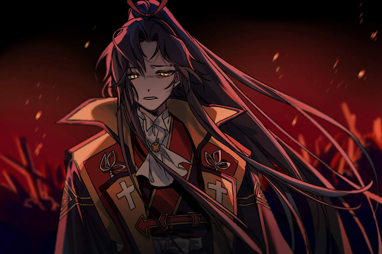1boy, amakusa_shirou_(third_ascension)_(fate), ascot, black_hair, clenched_teeth, cross_print, easel_(dam0628), fate/apocrypha, fate/grand_order, fate_(series), hair_ribbon, jinbaori, long_hair, looking_down, male_focus, official_alternate_costume, official_alternate_hair_color, parted_bangs, parted_lips, ponytail, red_ribbon, ribbon, rubble, solo, sparks, teeth, upper_body, very_long_hair, white_ascot, yellow_eyes
